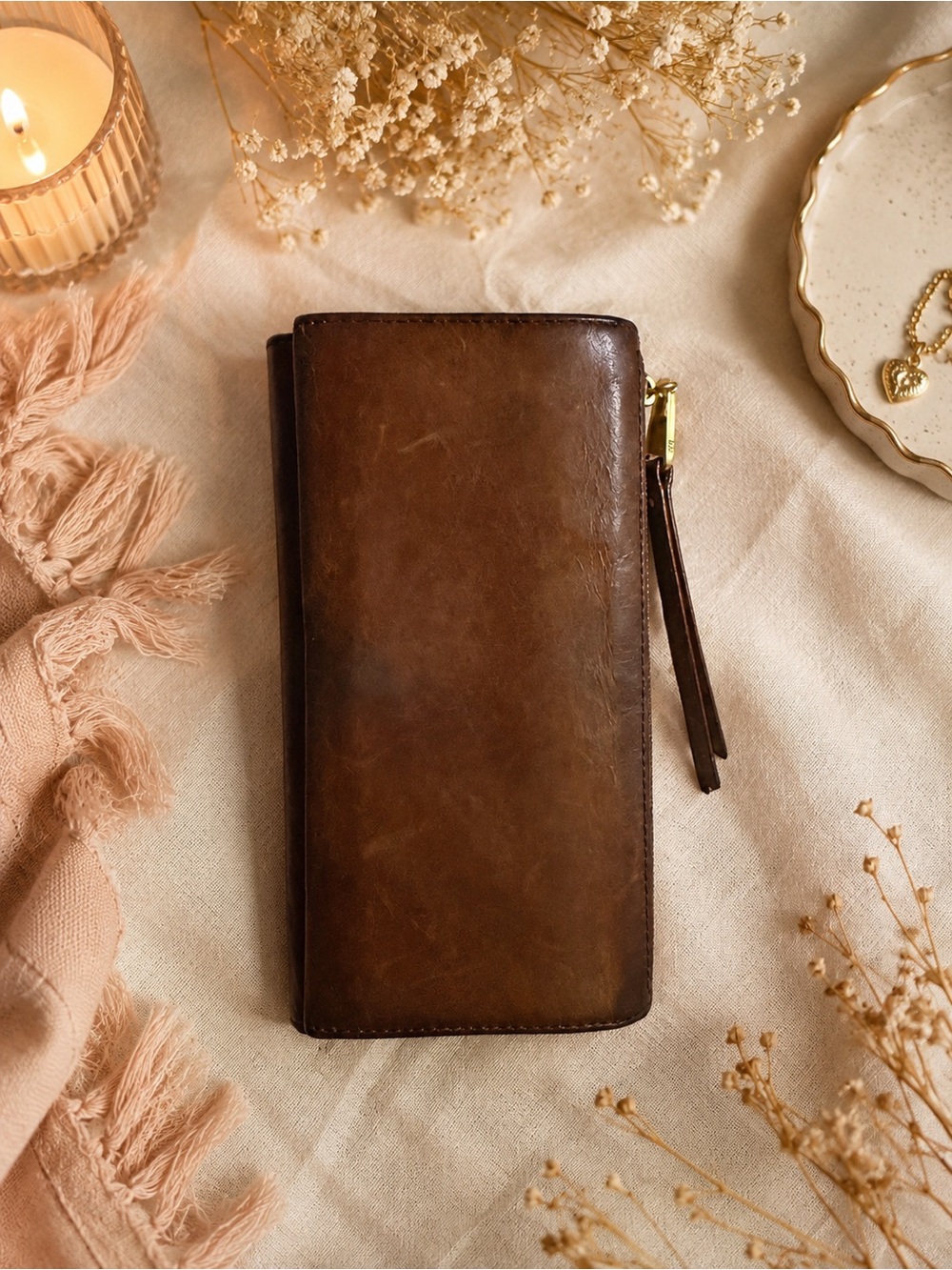 HOBO Brown Leather Continental Wallet | Floral Lining | Genuine Leather